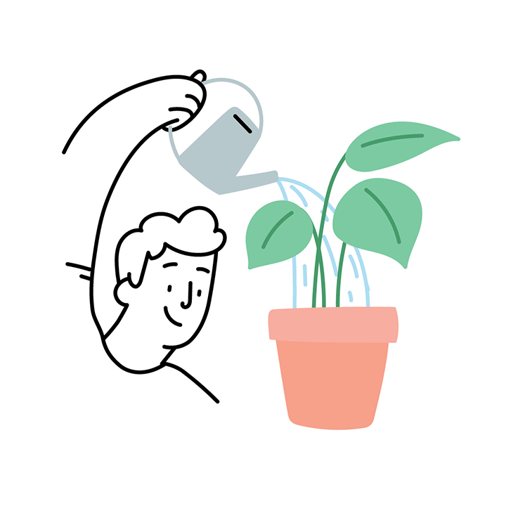 Illustrated planter watered using watering can